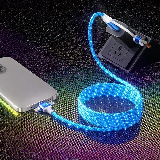IHAO Multi Ports Light-Up USB Cable USBA to USBC/MicroUSB Cable Durable Fast Charging Cable with Visible Current Flow As Night Light Use-3in1 Blue