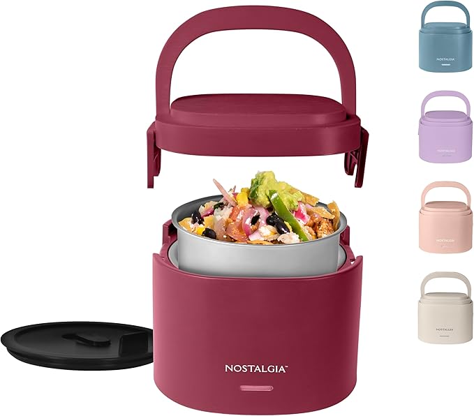 Nostalgia 20-Oz Heated Electric Lunch Box – Portable Food Warmer for Office, Travel, & Car - Perfect for Soup, Pasta, & Light Meals– Leak-Proof Lid, Foldable Handle, Detachable Cord – Cranberry