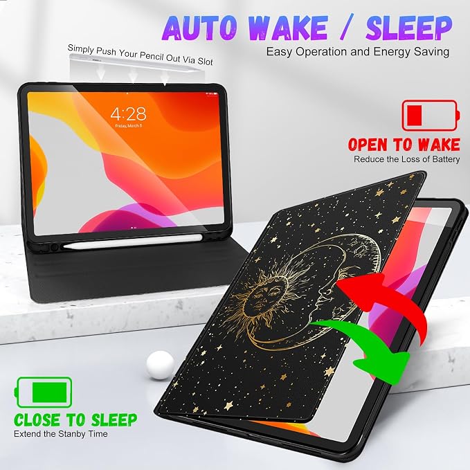 Uppuppy for iPad Pro 12.9 Case Kids Folio PU Leather Cover with Apple Pencil Holder Auto Sleep/Wake Adjustable Angles for iPad Pro 12.9 6th/5th/4th/3rd Gen Sun Moon Black