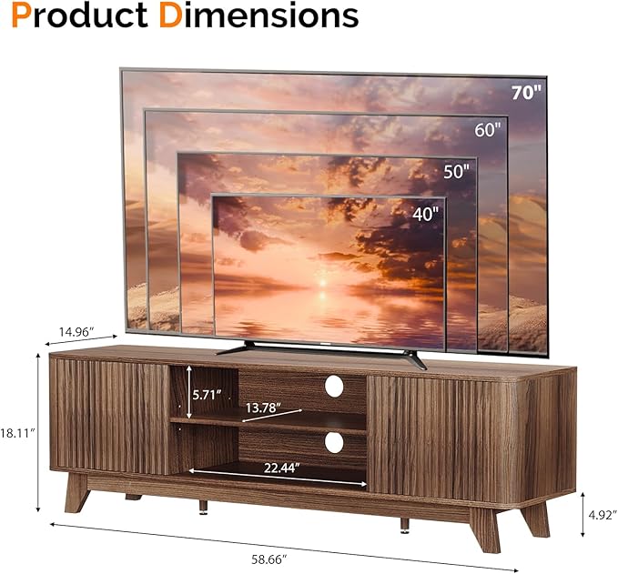 VINGLI 58.6" TV Stand up for 70 Inch TV, Mid Century Entertainment Center with Fluted Sliding Doors and Open Storage, Elegant Media Consoles for Living Room, Walnut