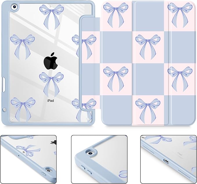 Case for iPad 9th/8th/7th Generation 10.2-Inch (2021/2020/2019 Release) with [Built-in Pencil Holder] Shockproof Cover with Clear Transparent Back Shell &amp Auto Wake/Sleep - Blue Bows