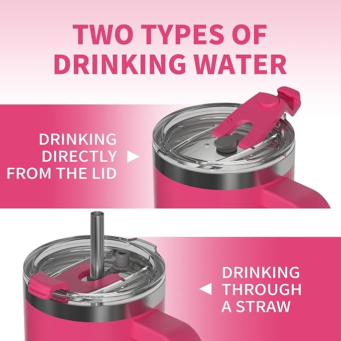 40 oz Tumbler with Handle,Tumbler with Lid and Straw,Double Wall Insulated Cup Stainless Steel Travel Mug(Cold for 34 Hours),Water Bottle for Iced Tea,Coffee,Cold Beverages(Gloss Pink)