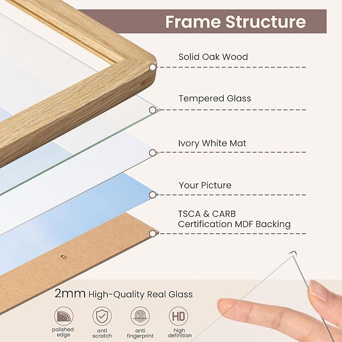 8x10 Picture Frame - Solid Oak Wood 8 x 10 Photo Frame, 8''x10'' Frame With Mat For 5x7, Tabletop and Wall Display, Hanging Hardware Included, 8 By 10 Picture Frame Wood, Natural Oak
