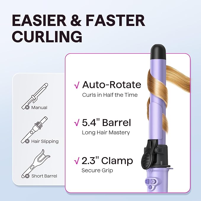 Wavytalk 1 Inch Rotating Curling Iron, Curl Cycle, Automatic Curling Wand for Long Hair, Get Effortless Beach Waves with Self Spinning Barrel up to 430°F with Home Button, Dual Voltage, Purple