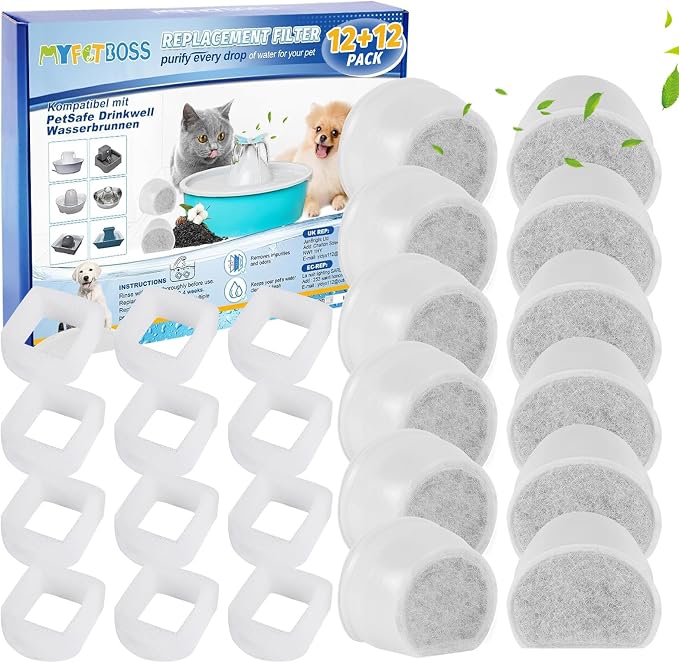 12+12 Pack Cat Water Fountain Filter, Pre-Sponge & Replacement Carbon Filters