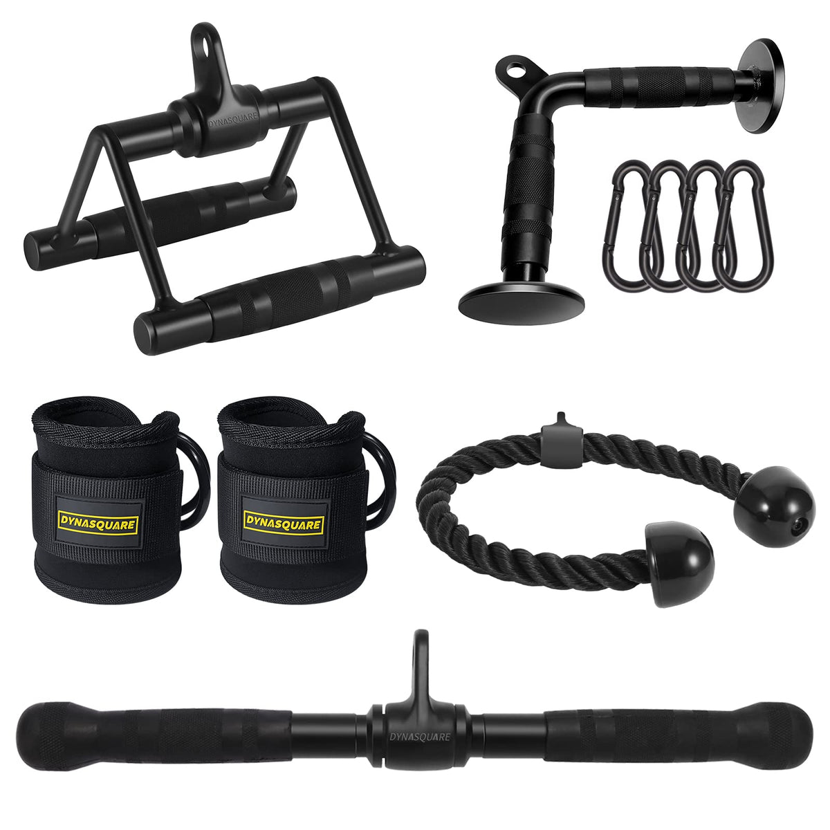 DYNASQUARE Cable Attachments for Home Gym, Made of Heavy Duty Solid Steel, LAT Pulldown Attachment, Weight Machine Accessories, Straight Pull Down Bar, Tricep Rope, Exercise & Double D Handle