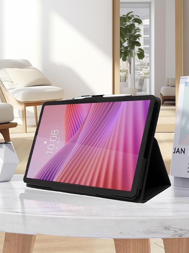 for Lenovo Tab One 8.7 Inch Android Tablet CaseBOVUGAC Folding Stand Protective Cover with Pencil Holder and Wrist StrapFull Protection Premium PUScratch Resistant(Black)
