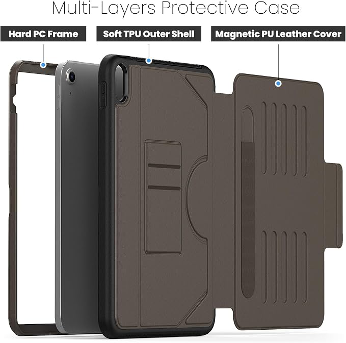 Case for iPad (A16) 11th/10th Generation 11''/10.9'' 2025/2022: Shockproof Protective Case with Hand/Shoulder Strap Pencil Holder Rotate Stand Screen Protector Black