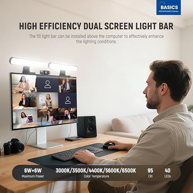 NEEWER Basics 12W Dual Monitor Light Bar with Stands, LED Lamp for Home Office Video Conference Lighting Desk Computer Laptop Webcam Zoom Streaming, Bi Color, Remote/Touch Control Dimmable, L10