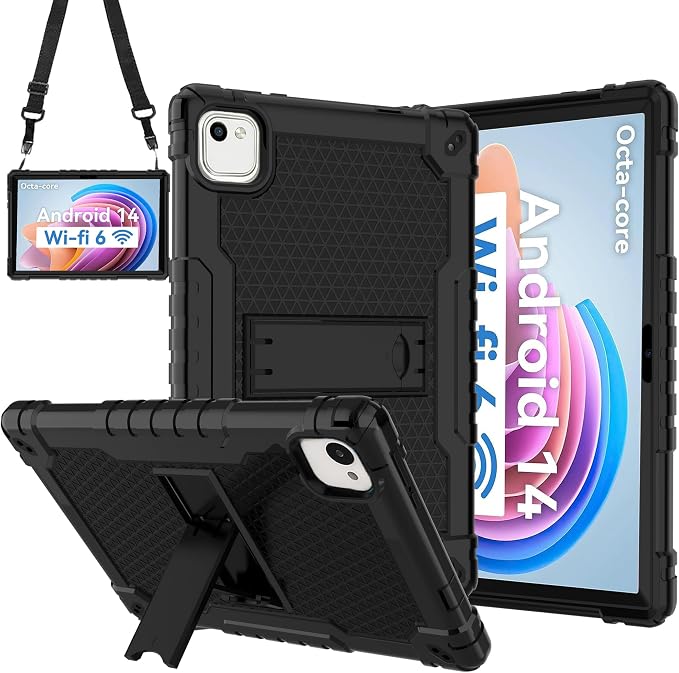 for HNVHNV/Aiprotablet/kelankeke K10 Tablet 10 inch Android Tablets Case Built in Kickstand Heavy Duty Hybrid Protective Case Hard Back Shell Case with Shoulder Strap (Black)
