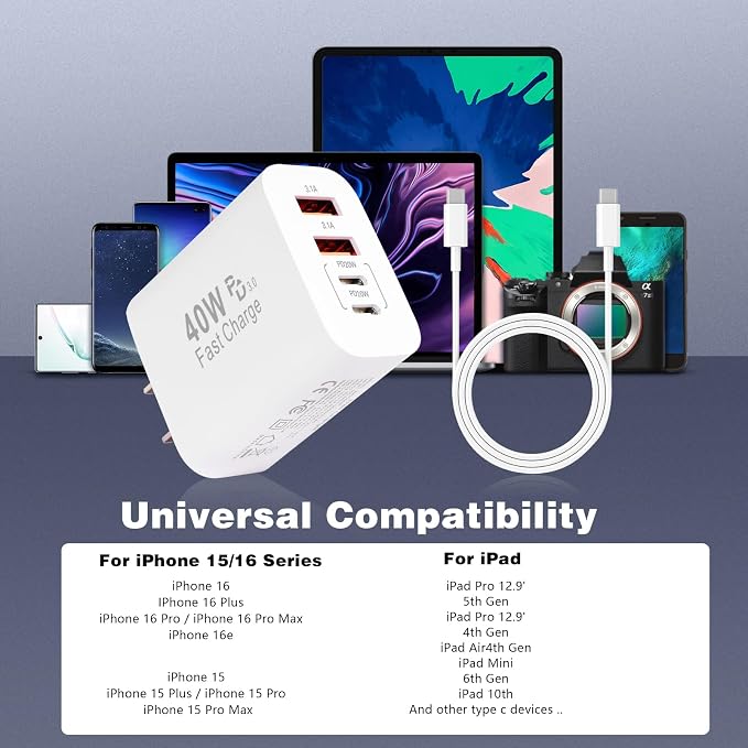 iPhone 17 16 15 Charger Fast Charging40W Dual Port A/C Phone Charger Fast Charging USB C Wall Charger Block Quick 10FT Type C Charging Cable for iPhone 17/17 Pro Max/17 Air/16 Pro/16e/15 Plus/15 Pro