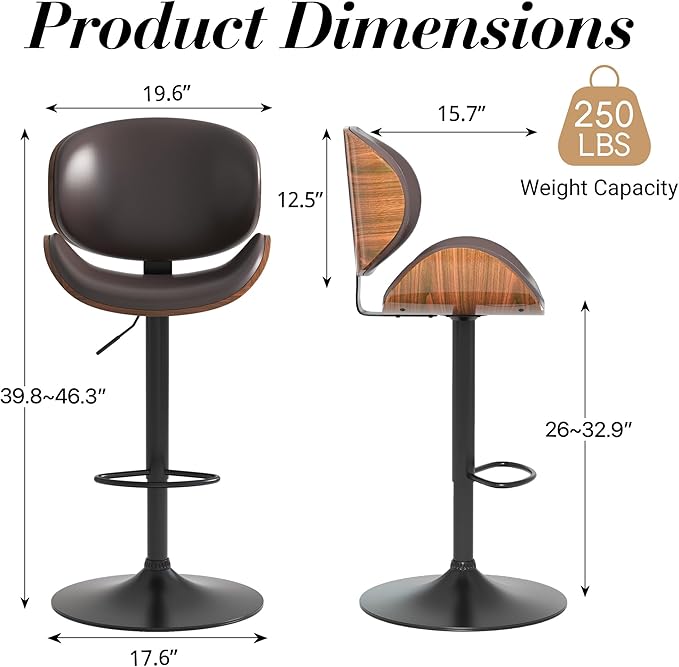 Adjustable Swivel Bar Stools Set of 4, Modern Bentwood Barstool with Large Metal Base and Footrest, PU Leather Upholstered Bar Chair with Curved Back for Kitchen Island Dining Room, Brown