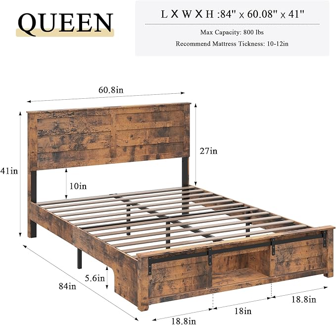 Wooden Bed Frame Queen Size with Headboard & Sliding Barn Door Storage Footboard, Farmhouse Platform Bedframe with Charging Station, No Box Spring Needed, Brown
