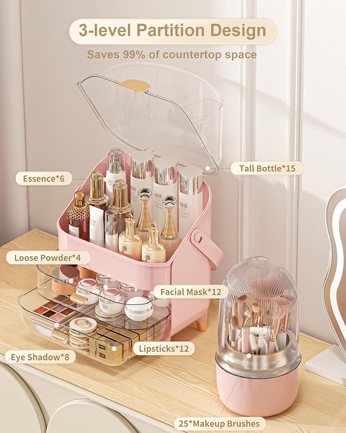 Makeup Organizer, Skincare Holder Bathroom Counter Organizer, Storage Box Cosmetic Display Cases, Teen Girl Gifts Trendy Stuff Make up Organizers for Vanity, Dresser, Countertop (Pink)