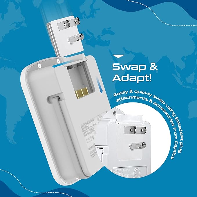 Ceptics World Travel Adapter Kit 2 USB-A, USB-C US Outlets, 20W/QC 18W Power Delivery, Surge Protection, SWADAPT Compatible for Europe, UK, China, Australia, Japan Perfect Laptop (WPS-5B)