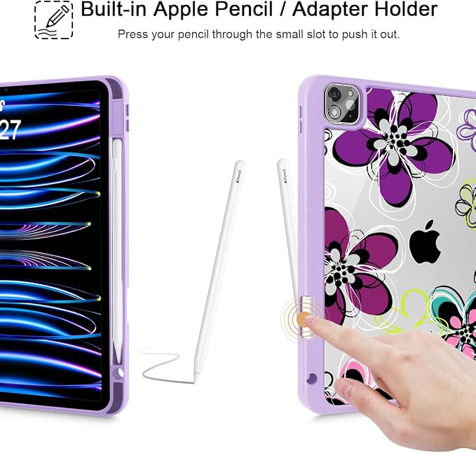 Case for iPad 12.9 Inch (6th/5th/4th/3rd Generation 2022/2021/2020/2018) Pencel Holder + Trifold Support Auto Sleep/Wake Transparent Shockproof Back Cover Abstract Floral SD163