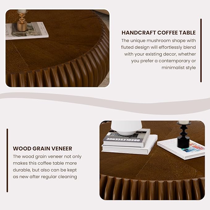 Round Drum Coffee Table for Living Room, Mid Century Modern Coffee Table with Sturdy Pedestal, Farmhouse Fluted Circle Center Table Accent Tea Table for Apartment (31.5" Walnut)