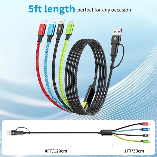 4 in 1 Multi Charging Cable 2 Pack 6FT Charging Cords for Devices | Nylon Braided USB C Car Charger Cable with Dual USB-C IP &amp Micro Ports Long Travel Charging Cord for Cars