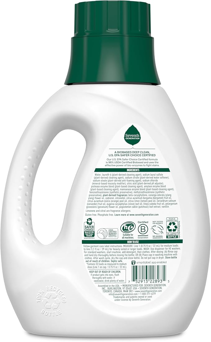 Seventh Generation Concentrated Laundry Detergent, Stain Fighting Formula, Geranium Blossom & Vanilla, 40 oz (53 Loads)