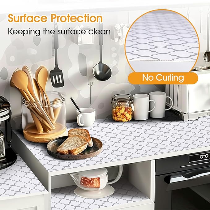Shelf and Drawer Liner for Kitchen Cabinets Non-Adhesive, Strong Grip Non-Slip Thickened Cabinet Liners for Shelves, Waterproof Mats for Dresser Cupboard, White/Gray, 12 in x 20 Feet