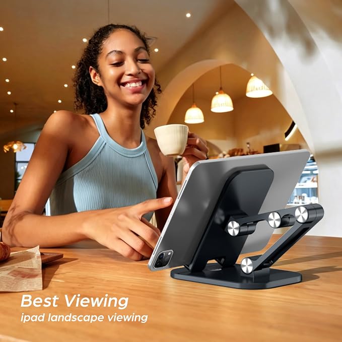 OCYCLONE Phone Stand Adjustable Height and Angle Foldable Cell Phone Stand Holder for Desk Taller iPhone Stand Compatible with 4.7-13 Smartphones iPad Tablet Beige