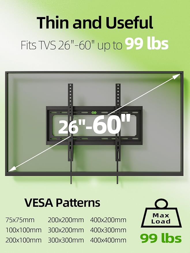 USX Mount UL Listed TV Mount Low Profile for Most 26-60" Flat Screen LED, LCD, Curved TVs, TV Wall Mount Bracket Tilt VESA 400x400mm- Up to 99lbs, Quick Lock and Release to Mounts on 12" 16" Stud