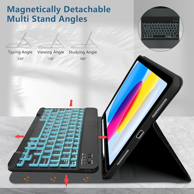 for Bluetooth Keyboard for iPad 10th Gen 10.9 inch (2022) case (A16) 11th / 10th Gen Case 11'' (2025) with 7-Color Backlights Pencil Holder Detachable Rechargeable - Black Cow