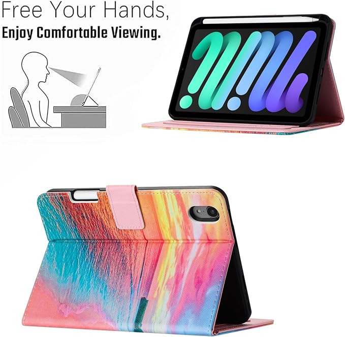 Case for iPad mini 7 A17 Pro &amp iPad mini 6 (2024/2021) Built-in Pencil Holder Premium PU Leather Folio Stand Smart Protective Cover Multi-Viewing Angles and Auto Wake/Sleep - Beach