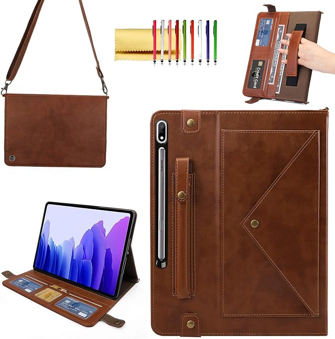 Handbag Case for Samsung Galaxy Tab S10 FE/S9 FE 10.9/S9/S8/S7 11 Techcircle Folio Stand Crossbody Wallet Protective Cover with S Pen Holder &amp Card Slots Hand Strap &amp Shoulder Strap Black