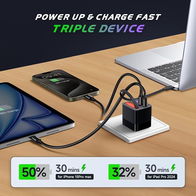 65W Retractable Wall Charger USB C Charger Block Built-in Type C Cable | Dual Port PD PPS Fast Charging GaN Power Adapter Travel Charger for MacBookLenovo IdeaPadiPhone 16 Pro MaxGalaxy S24