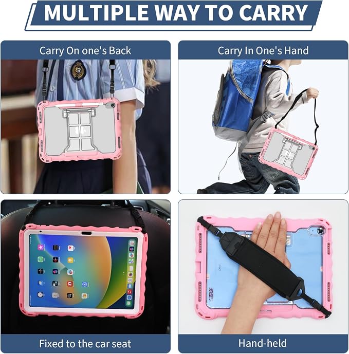 iPad (A16) 11th Generation 2025 11-inch/10th Generation 2022 10.9-inch Protective Case Silicone Shockproof Case with Screen Protector Pencil Storage Slot Shoulder Strap Handle Stand (A-Blue)