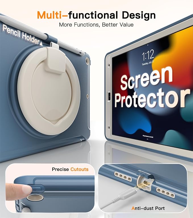 BATYUE Shockproof Case for iPad 9th 8th 7th Gen 10.2 Inch Black | 3in1 PC+TPU Heavy Duty 360° Rotatable Ring Stand for Grip Carry Hang &amp Multi-Angle View Screen Protector Pencil Holder