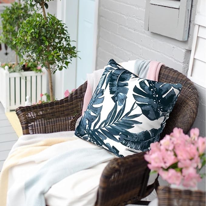 Outdoor Throw Pillow Covers 18”x18”, Decorative Pillow Covers for Patio Furniture, Modern Cushion Cases for Garden Couch Home Sofa Bed Office Chair, Pack of 2, Palm Blue