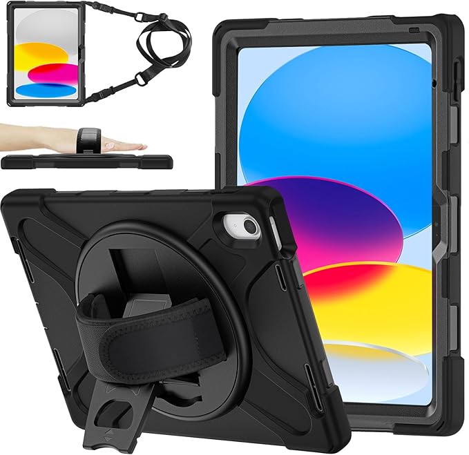 ZenRich Shockproof Case for iPad (A16) 11th/10th Generation Black | Pencil Holder 360° Rotating Kickstand Hand Strap Adjustable Carrying Strap Heavy Duty Rugged