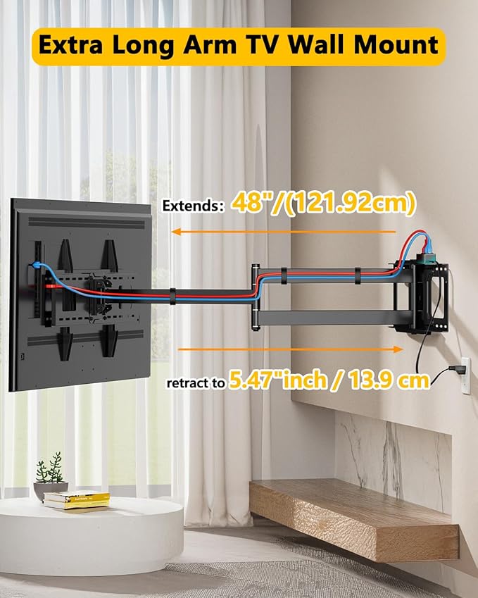 48'' Extension Extra Long Arm TV Wall Mount with Power Strip, Heavy Duty Full Motion TV Wall Mount for 37 to70,75,77,80,85'' Screens, Max VESA 600x400mm, Hold 110 lbs, 16''-24'' Wood Studs