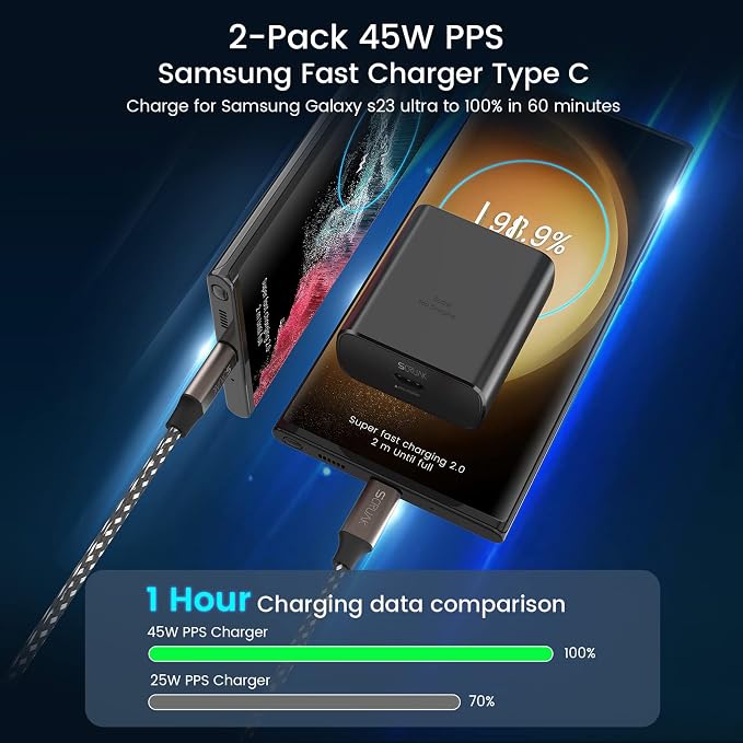 45W USB-C Charger2-Pack 45 Watt Super Fast Charger Type C Wall Charging Block with 2X 10FT Type C Cable for Cable for Samsung Galaxy S26 Ultra/S26/S25+/S25 Ultra/S24+/S23/S22Note 10/20 Tab S9...