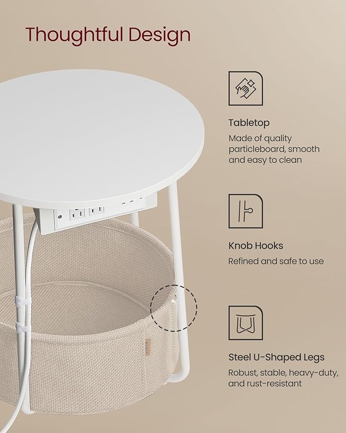 VASAGLE LILEA Collection - Side Table with Charging Station, Round End Table with Fabric Basket, Nightstand with USB Ports, for Living Room, Bedroom, Modern, Matte White and Camel Brown ULET228W01