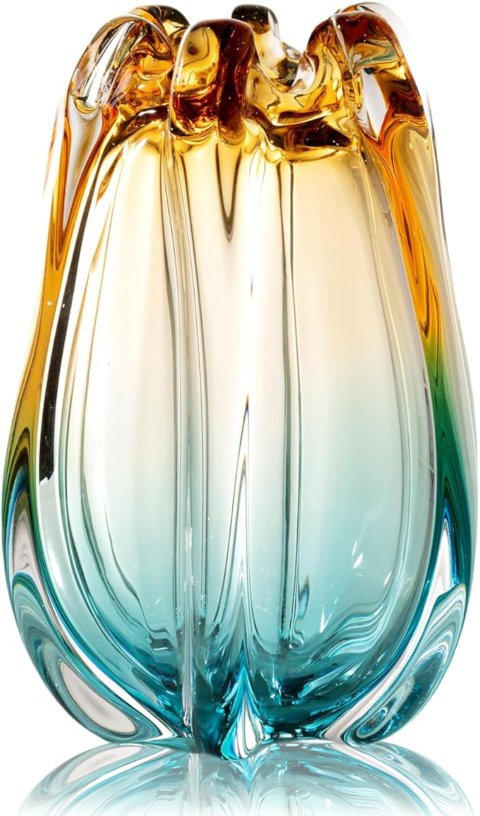 Hand Blown Glass Flower vases, Unique Glass vases, Wide Mouth vases, Small Modern Art Deco Glass vases for Home Living Room, Office, Table centerpieces, Bookshelves and Wedding Decorations