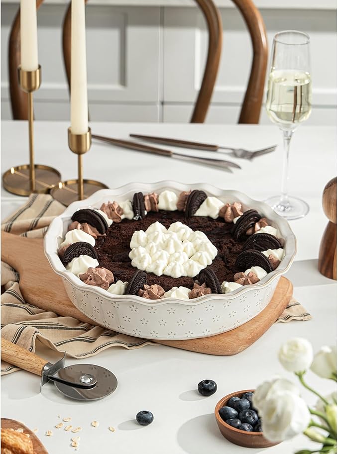 MIKIGEY Deep Pie Dish for Baking, Ceramic Pie Pan for Apple Pie, Tart, Quiche Baking Dish, Farmhouse Decor Pie Plate, Deep Dish Pie Pan, Oven Safe, Off-White, Flower