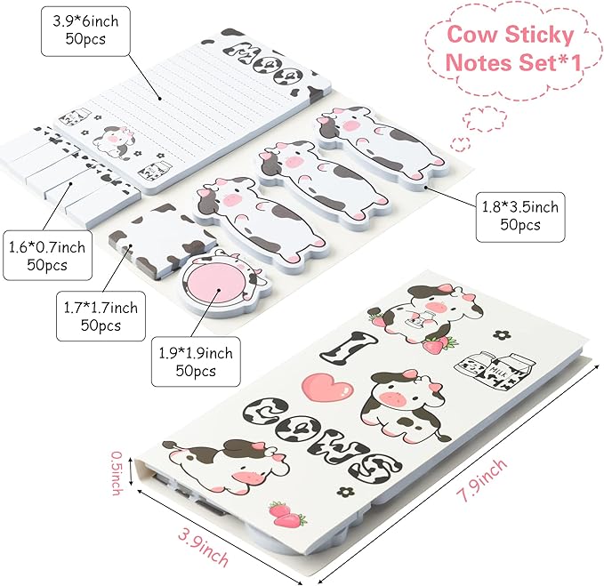 Xqumoi I Just Really Like Cow Sticky Notes Set, 550 Sheets, Cute Pink Cow Shaped Self-Stick Notes Pads Barnyard Farm Animal Divider Tabs Bundle Writing Memo Pads Back to School Office Supplies