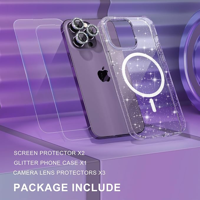Choiche for iPhone 15 Pro Max Case Compatible with MagSafe Glitter Black | Women Girly Cute Glitter Sparkly Magnetic Phone Case with Diamond Camera Lens Protectors Military-Grade Drop Protection 6.7