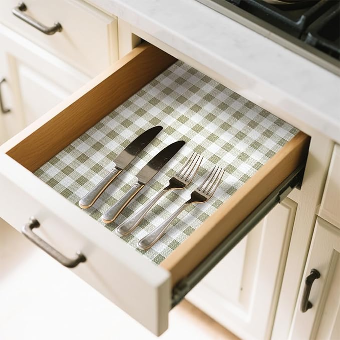 Drawer Liner and Shelf Liner for Kitchen Cabinet Liner Non-Adhesive Non-Slip Shelf Paper, Thick Strong Grip Waterproof Easy to Clean for Shelves, Cupboard, Desks, Green Plaid Pattern, 17.5 in x 30 FT