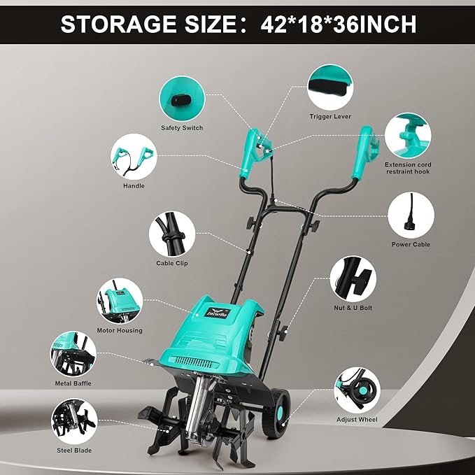 Electric Rototiller Garden Tiller 12 Inch Tilling Width 8-Inch Electric Tiller 10.5 Amp Tiller Cultivator for Garden Yard