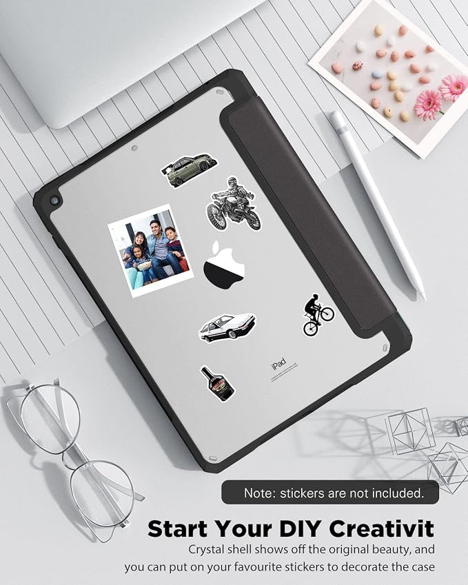TiMOVO Case for iPad 9th/8th/7th Generation 10.2 inch Black | Pencil Holder Slim Trifold Stand Protective Cover Clear Transparent Back Shell Auto Wake/Sleep