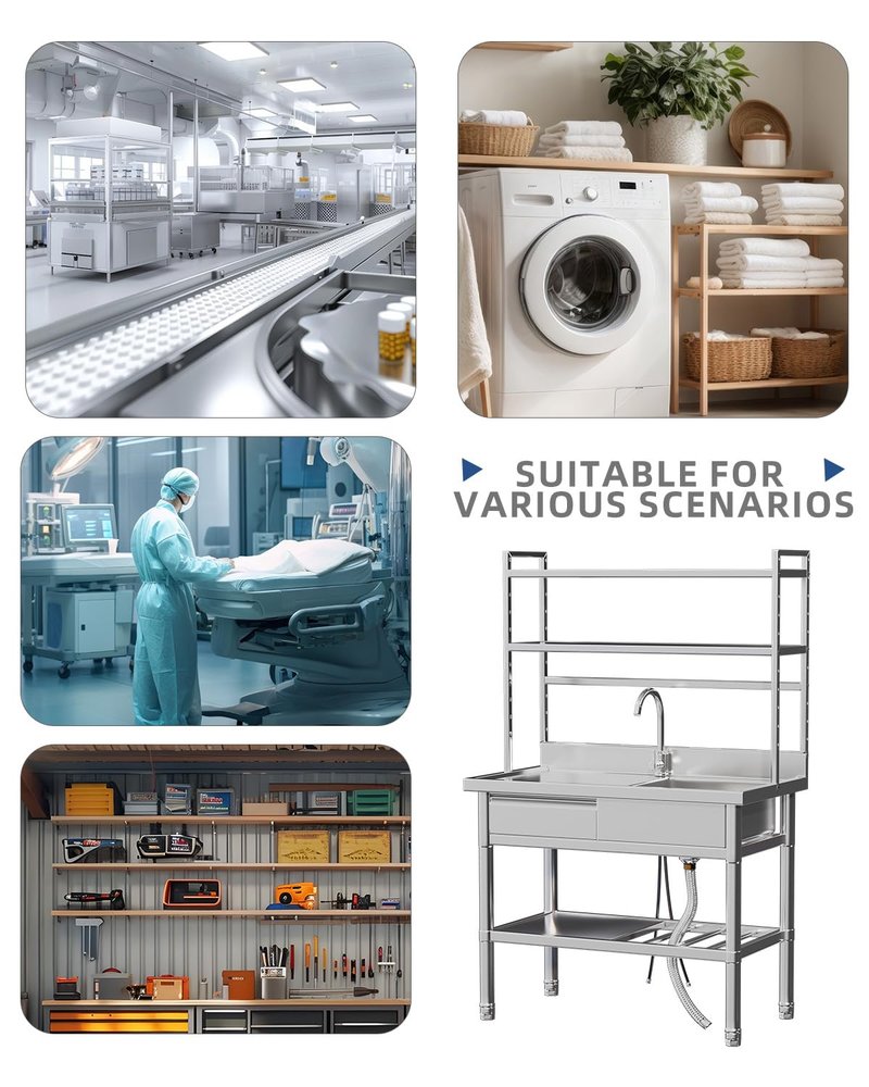 JFHID Stainless Steel Utility Sink with Shelves, Free Standing Single Bowl Commercial Kitchen Sinks with Drawer & Water Pipes, Stainless Steel Prep Table Countertop Workbench for Home Restaurant