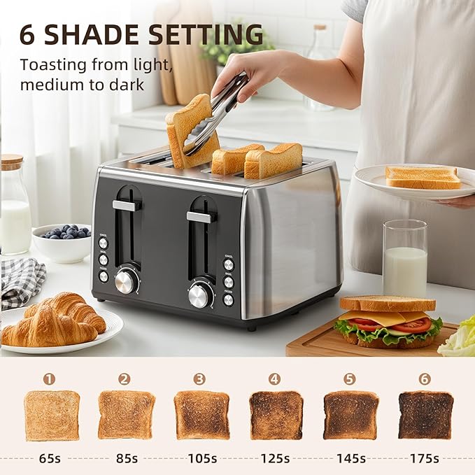 Havato 4 Slice Toaster, 6 Browning Settings, Removable Crumb Tray, Stainless Steel Bread Toaster for Bagels, Muffins, Waffles, Defrost, Cancel Button, 120V 1800W