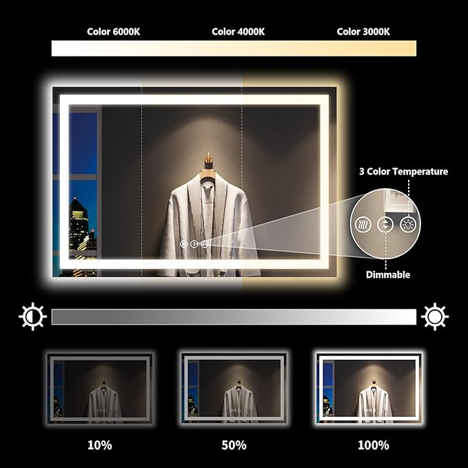 YEELAIT 55x36 Inch LED Bathroom Mirror with Lights Front and Backlit Lighted Vanity Mirror for Bathroom Wall with 3 Colors Dimmable Anti-Fog Memory Shatter-Proof IP54 Waterproof Horizontal/Vertical