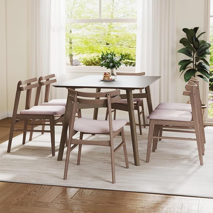 VESCASA 5-Piece Dining Set, 59" L Smokey Taupe Rectangle Wood Dining Table with 4 Curved Back Light Brown Chenille Grey Wood Dining Chairs for Dining Room, Kitchen, Restaurant, Dining Set for 4