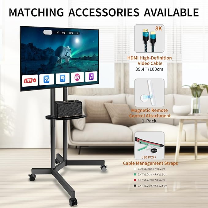 Solid Grace Rolling TV Stand with Wheels for 32-75 Inch TVs up to 88lbs, Portable TV Stand with Shelf, Mobile TV Cart for Living Room, Office, Meeting Room, Outdoor（MT2007 Upgrade Version）
