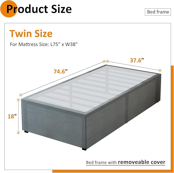 Twin Bed Frames with Fabric Cover 18 Inch, Heavy Duty Metal Bed Frame Twin, No Box Spring Needed, Support Up to 2500 lbs, Easy Assembly, Noise Free, Black